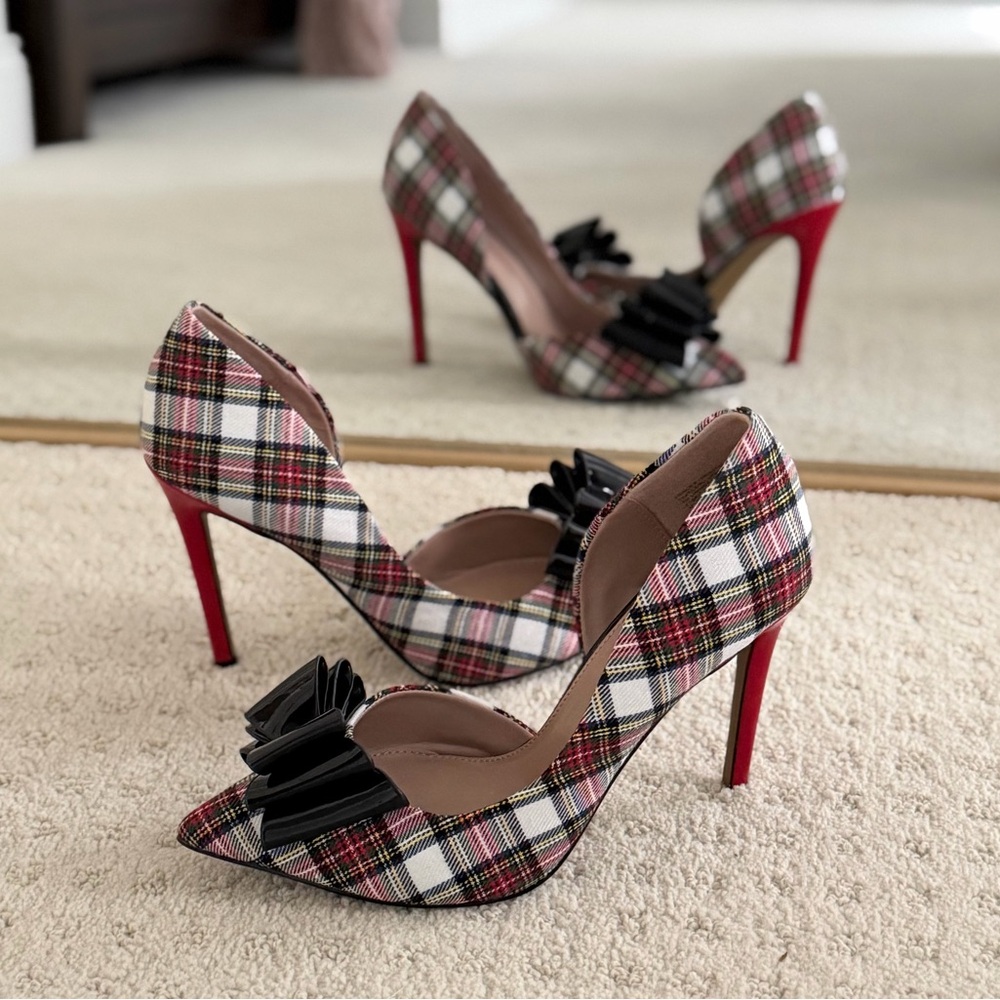 Betsey Johnson Plaid Heels with Black Bow and Red Sole